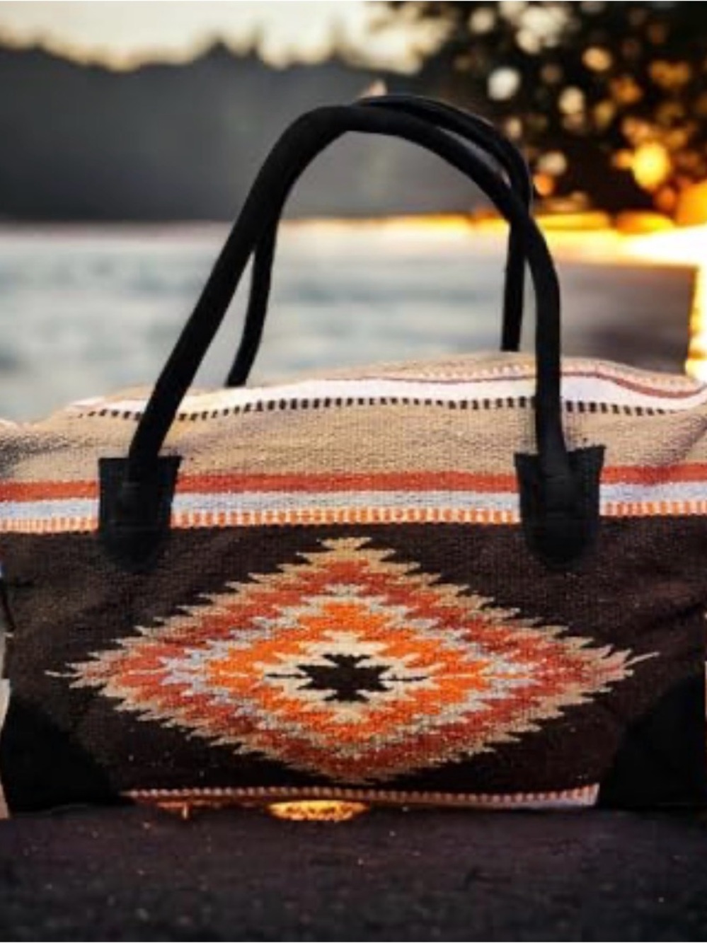 Boho Southwestern Pattern Weekender Bag - Orange & Black